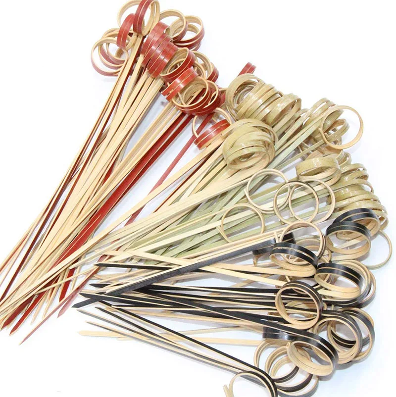 100pcs Cocktail Skewers Bamboo Sticks with Loop Ring Food Picks and Wood Cocktail Skewers Bamboo Martini Picks