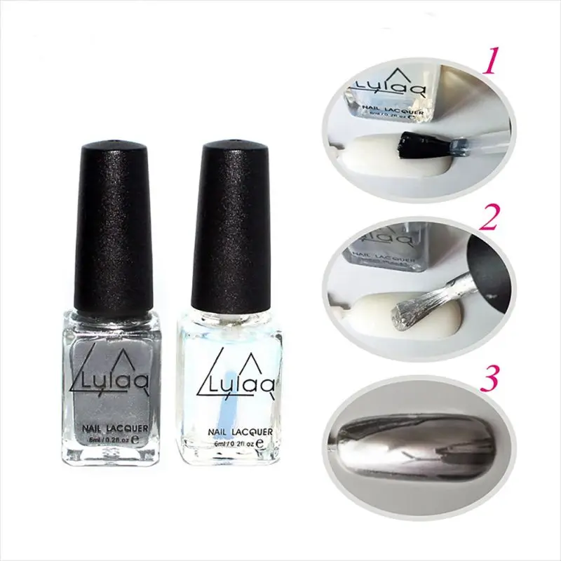 Fashion 2 Pcs/Set Silver Mirror Effect Metal Nail Polish Varnish Top Coat Metallic Nails Art Tips Nail Art Nail Polish