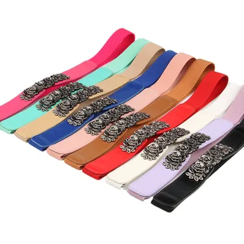 

Thin Cummerbund Woman Belt Strap Brown Women's Belt Elastic Waistband Gold Circle Buckle Small Belts Red