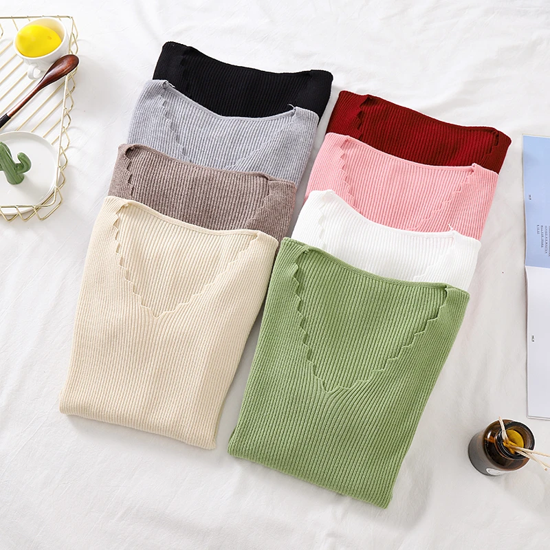 

V-Neck Knitted Sweaters Clothes Solid Pullover Women Autumn Winter Sweet Womens Tops Vintage Sweet Ladies Knitwear Sweater