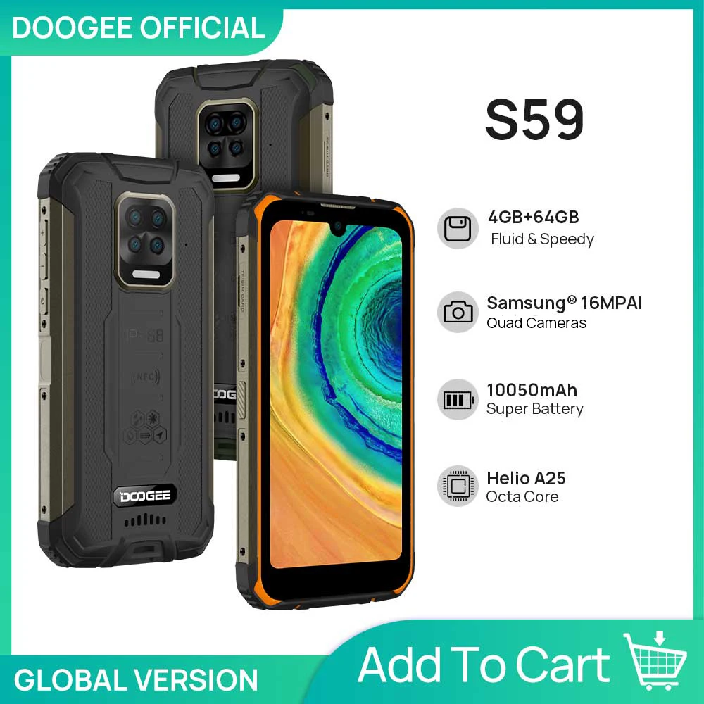 Смартфон DOOGEE S59 защищенный, 10050 мАч, 4 + 64 ГБ, IP68/IP69K, 2 Вт
