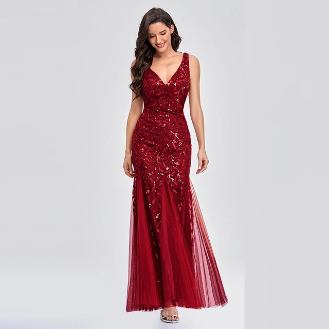 Sleeveless V-neck Tulle Sequins Cocktail Dresses V-back Mermaid Party Prom Gowns Women Formal Occasion Embroidered Robe Vestioes Burgundy