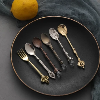 

6pcs/set Retro Dessert Spoon Table Cutlery Decoration Coffee Spoon Snack Fruit Skewers Dessert Fork Teaspoon Home Dinnerware #