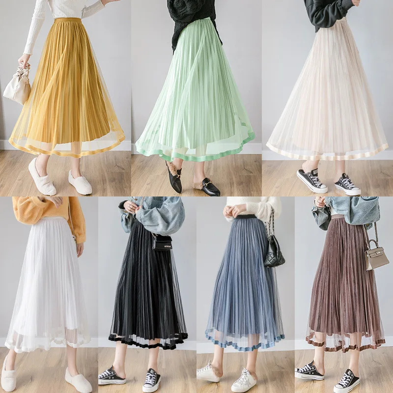 

Photo Shoot 2019 Autumn And Winter New Style Online Celebrity Mid-length Spell Velvet Pleated Gauze Skirt Women's