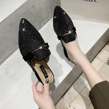 

Brand Mule Slippers Women Low Heel Shoes Glitter Rhinestone Loafers Pointed Toe Female Slip On Fashion Slides Lady Shoe Woman