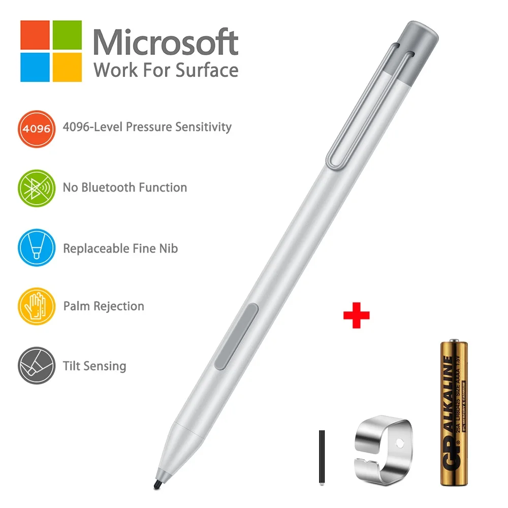 Quick Charge,Palm Rejection,Stylus Pen with 2 Replaceable Tips,Silver Pro 5,Surface Laptop,Go/Book/Studio,4096 Level Pressure Sensitivity Pen Work with Surface X,Pro 7,Pro 6 