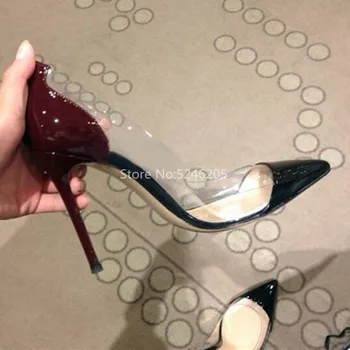 

Sexy Pointed Toe Clear Women Pumps Chaussure Femme Wine And Black Patent Leather Plexiglass PVC Dress Woman Shoes