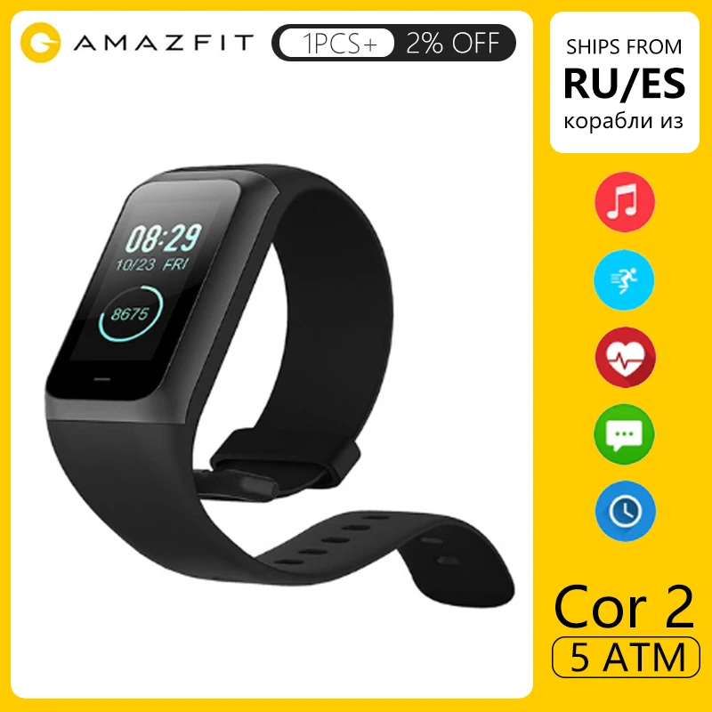Comprar Amazfit banda CDR 2 reloj inteligente 5ATM impermeable 2.5D Color marco de acero inoxidable para Android IOS Huami reloj pulsera