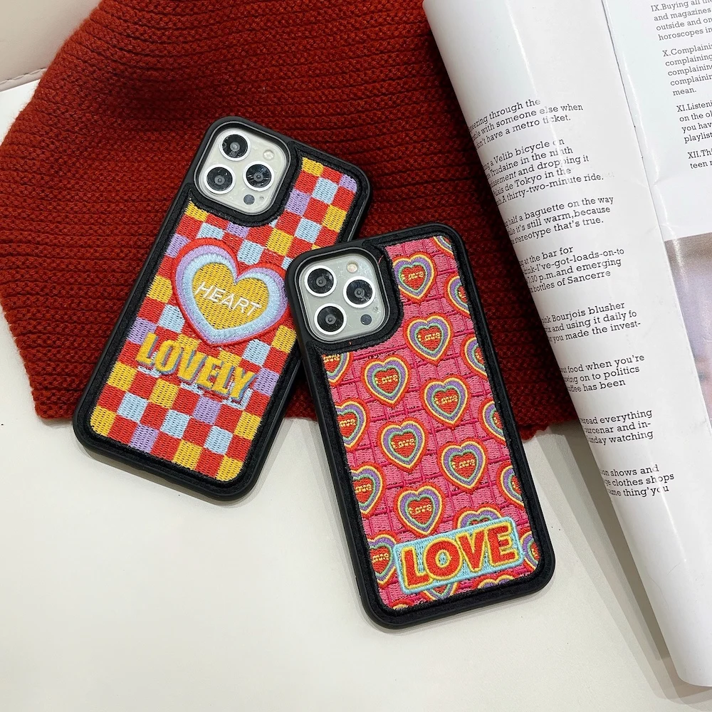 Ins Fashion Embroidery Love Heart Checkerboard Phone Case