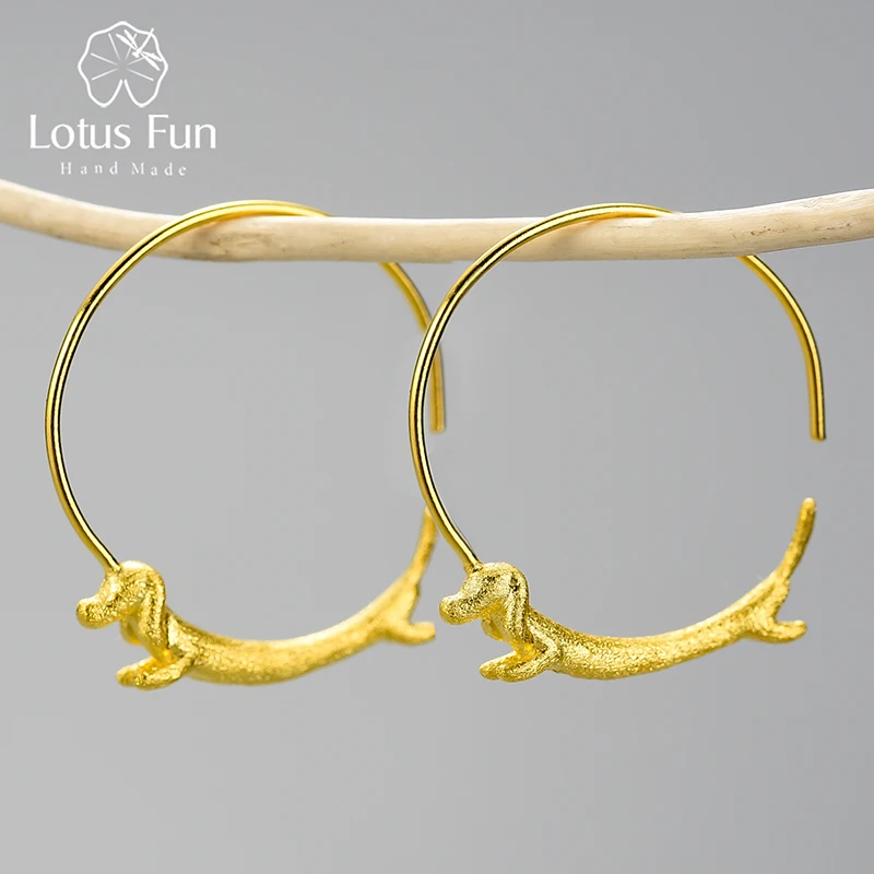 Lotus Fun Lovely Flying Dachshund Dog Big Round Hoop Earrings Real 925 Sterling Silver 18K Gold Earrings for Women Jewelry 2021