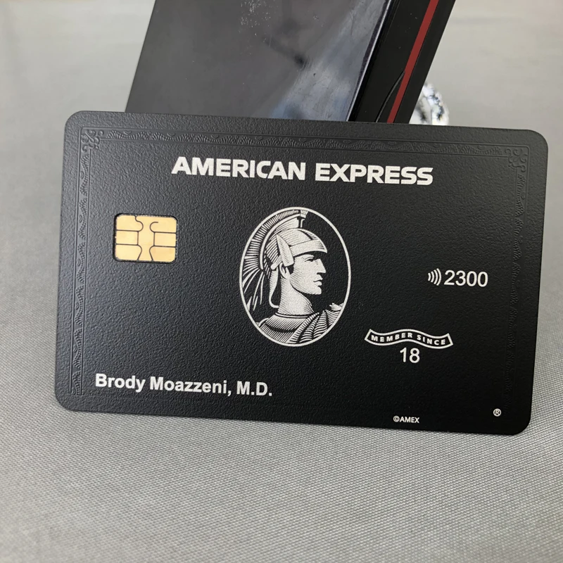 Tarjeta de negocios personal de Metal, tarjeta de regalo personalizada, diseño y producción, American express, color negro y dorado