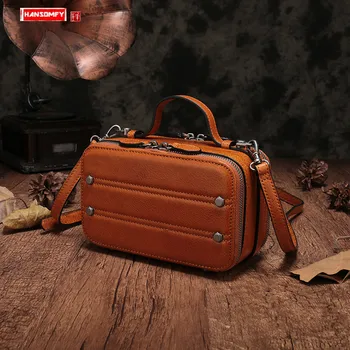 

Retro Stereotyped Women's Small Square Bag Header Leather Multi-compartment Female Handbag Mini Leather Shoulder Small Box Bags