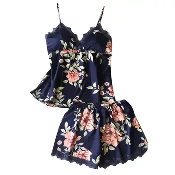 

Sleep Lounge Pajama Set Sexy Satin Sleepwear Women Summer Pyjama Femme Fashion Flower Pajamas for Women with Chest Pad