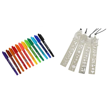 

12 Pcs Colors Double Ended Permanent Art Drawing Markers & 1 Set Iron Bookmark Ruler Hollow Cute Drawing Template