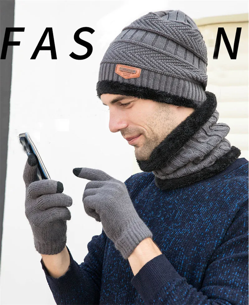 Men Winter Knitted Hat And Scarf Gloves Set Women Warm Plush Hat 3 Piece Sets Male Outdoor Ski Cap Ring Scarves Solid Man