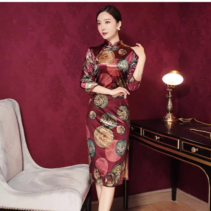 Китайское традиционное женское платье Чонсам с цветочным принтом и воротником-стойкой, вечернее платье с длинными рукавами 3/4, Qipao, большие размеры 3XL 4XL - Цвет: Dark Red