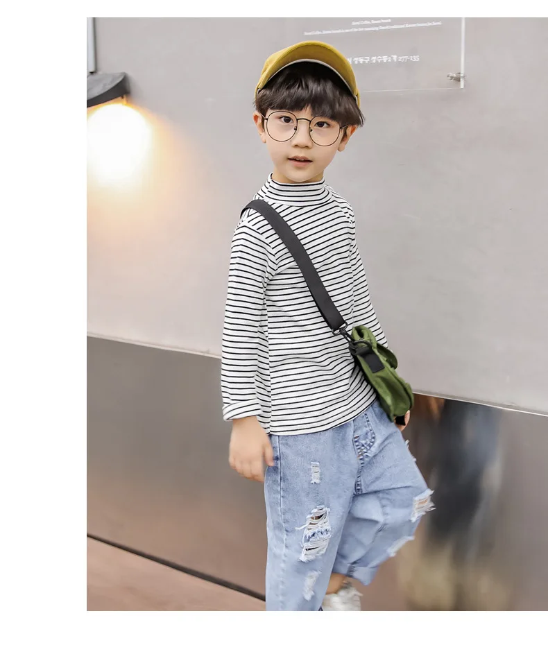 Autumn BOY'S Baby Stripes Base Shirt Korean-style Casual Children Long Sleeve Mock-Neck T-shirt Tops Fashion