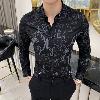 

High Quality Print Business Dress Shirts Black White Streetwear Camisa 2020 Spring Casual Shirts Men Slim Fit Long Sleeve Shirt