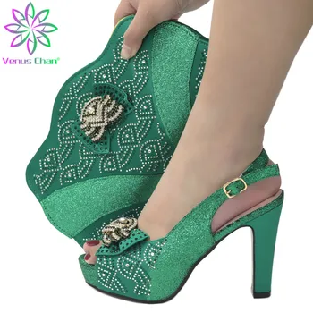 

Nigerian Women Summer New Arrivals Party Shoes and Bag Set For Wedding Shinning Crystal in Green Color in Heels for Working