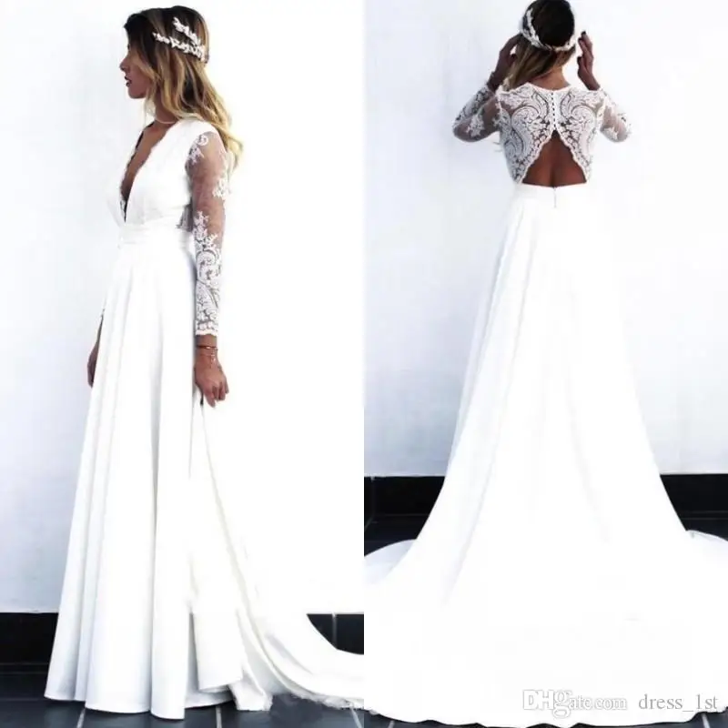 

2020 Wedding Dress Plunging deep V Neck Lace Open Back A Line Long Sleeves Lace and Chiffon Beach Bridal Gown wedding dresses