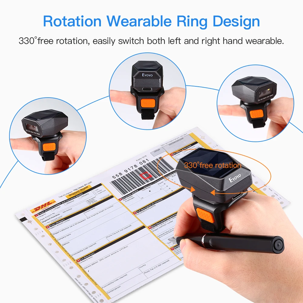 Eyoyo 2D Wearable Ring Barcode Scanner Mini Portable 3-in-1 USB Wired 2.4G Wireless Bluetooth finger scanner iPad iPhone Android