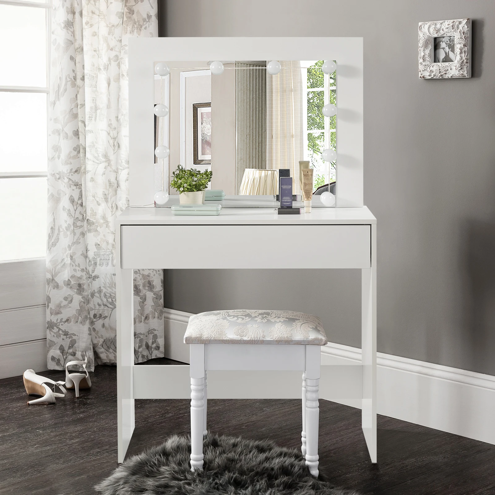MDF Dressing Table with LED Lighting White Vanity Table with