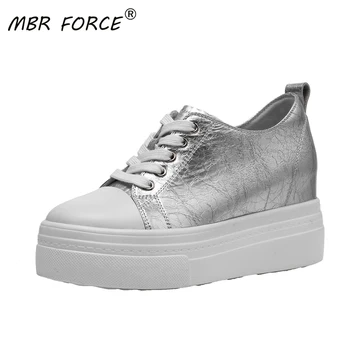 

MBR FORCE Women Chunky Round Toe New Fashion Platform lace up Casual Ladies Thick bottom Height Increased shoes for woman silver
