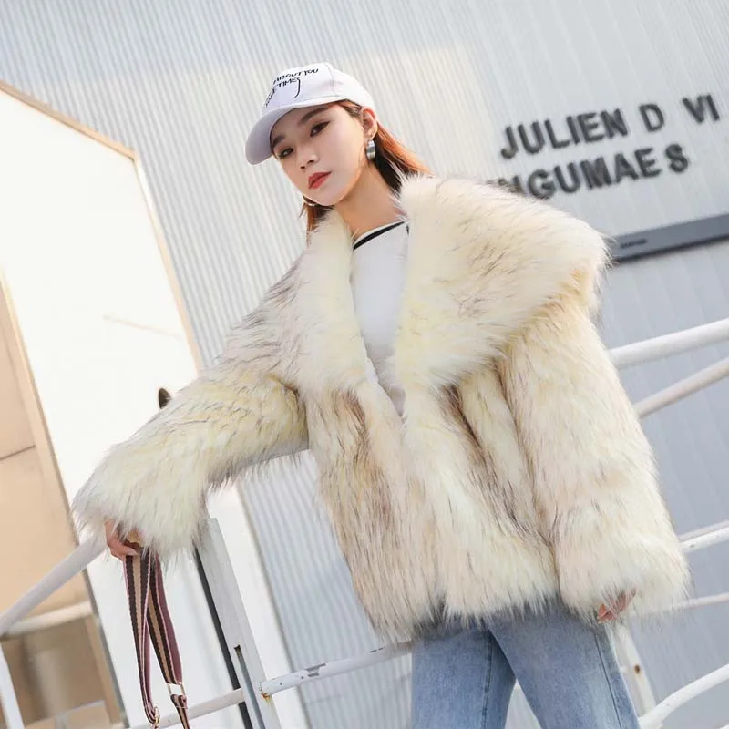 

Women's fur coat imitation fox fur short coat hair large collar coat plush velvet thick woven temperament imitation fur NUW642
