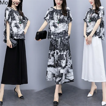 

2019 Summer Vintage Printed Two Piece Sets Outfits Women Plus Size Linen Short Sleeve Tops And Cropped Wide Leg Pants Suits