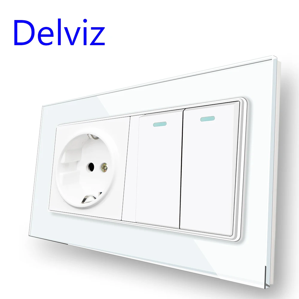 Delviz-ue Padrão Interruptor de Luz de Parede Painel de Vidro de Cristal Temperado Tomada de Energia Gang 2way 1way Botão On-off 16a