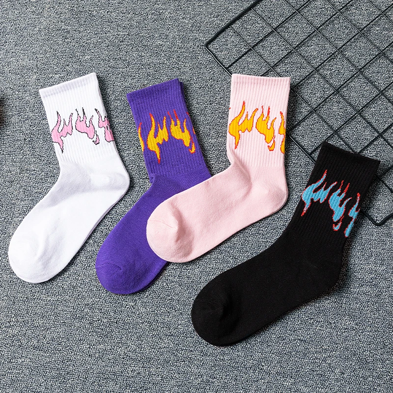 

Fashion Flame Men Women Socks Cotton Pink Black Fire Harajuku Hip Hop Skateboard College Style Funny Happy Girls Sockings Sokken