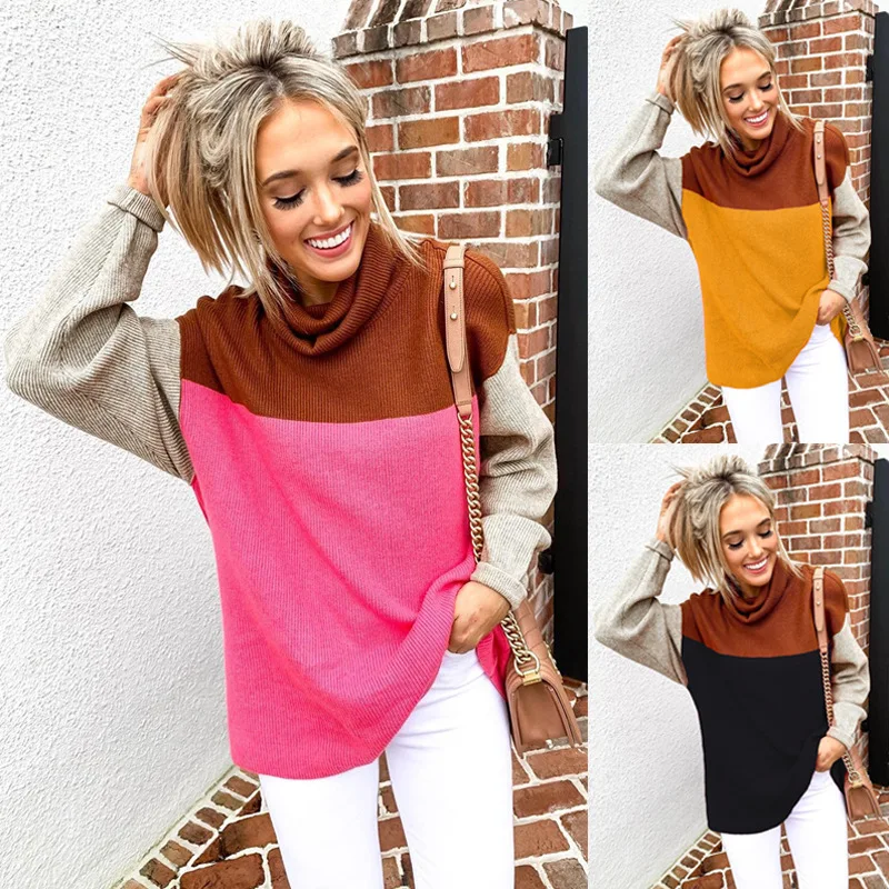 

Turtle-neck Patchwork Knitted Fashion Slim Pullovers Ladies Autumn Warm Sweater Pull Tops Winter Loose Causal Sweaters Jumper
