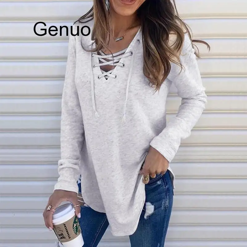 

V Neck Top Women String Sweatshirt Loose Hoodies Autumn Women Pullovers Gray Sweatshirt Long Sleeve Top Lady Stylish Hoodies
