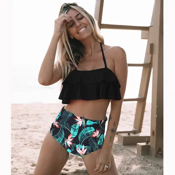 

Push Up Women Bikini Set Ruffle Bikini Printed Brazilian Biquini Swimwear High Neck Halter Flower Swimsuit Maillot De Bain