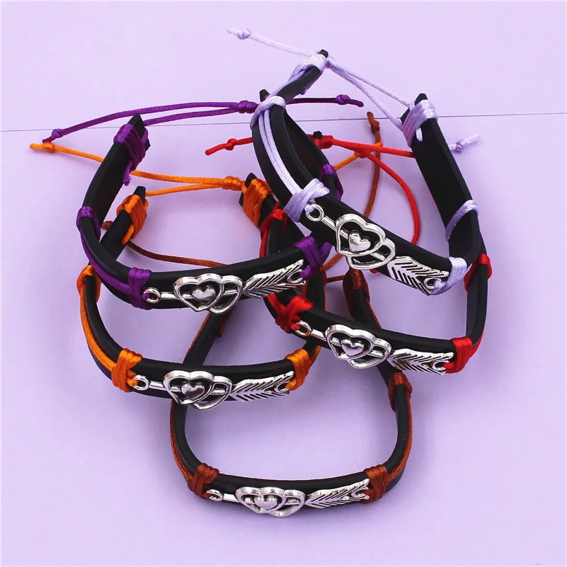 12PCS/Lot Antique Silver Metal Cupid's arrow Charm PU Leather Bracelet double Heart Vintage Jewelry for Women Men Couple Lover
