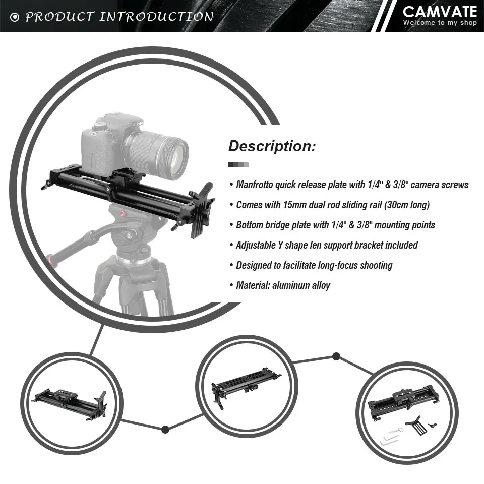 Manfrotto QR Plate With Bottom Bridge Plate & 15mm Dual Rod Sliding Rail & Lens