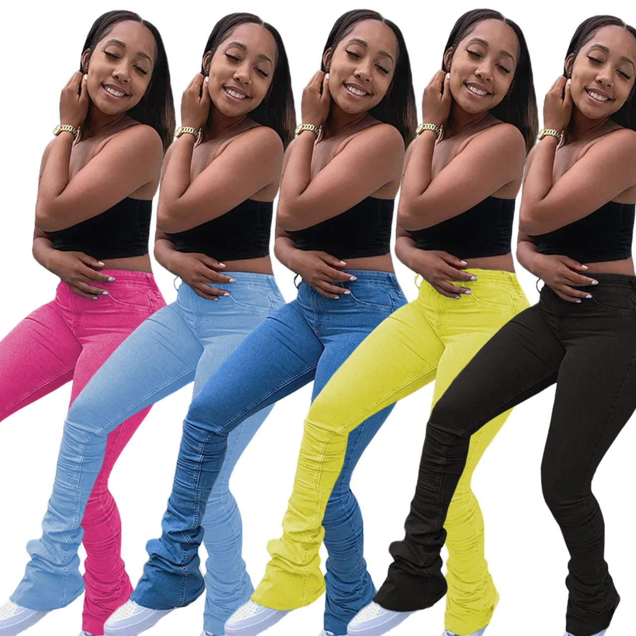 

Stacked Jeans Women High Waist Denim Pants Zipper Up Slim Cargo Pants Fitness Draped Hem Bell Bottom Activewear Trousers Outfits