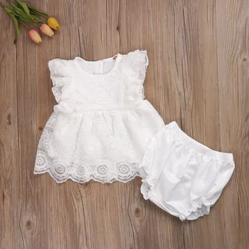

2020 Princess baby girl clothes two pieces , lace dress top, white color short , summer 2pcs girl clothes