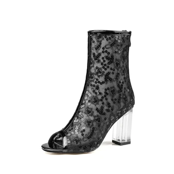 

Kmeioo Summer new style hollowed out high heeled boots women net surface lace Peep Toe Thick Heel sandals dress party shoes 8cm