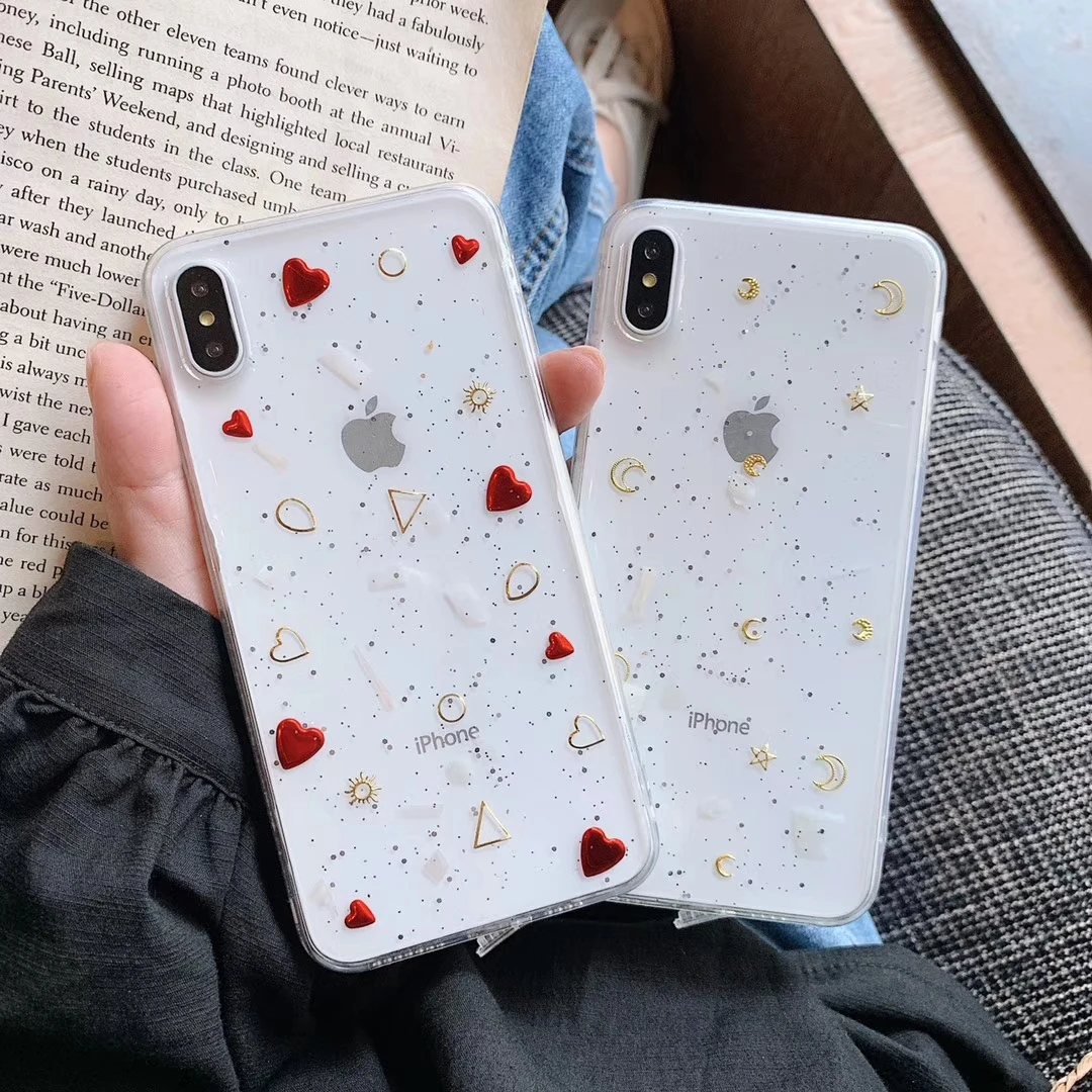 

Phone Case For iPhone XR XS Max 6 6S 7 8 Plus X Electroplated Heart Star Glitter Soft Epoxy Clear Back Cover Coque Gifts
