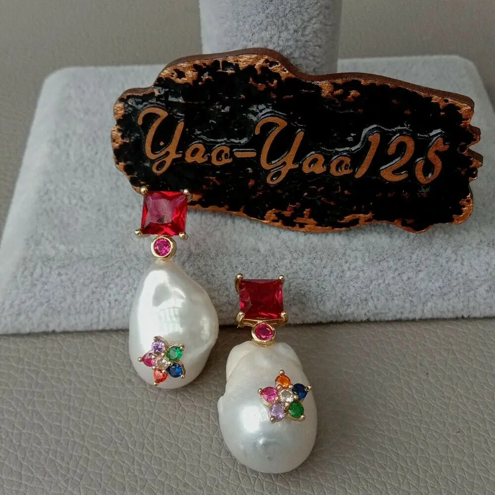 Культивированный белый жемчуг барокко Красный Cz Стразы Серьги