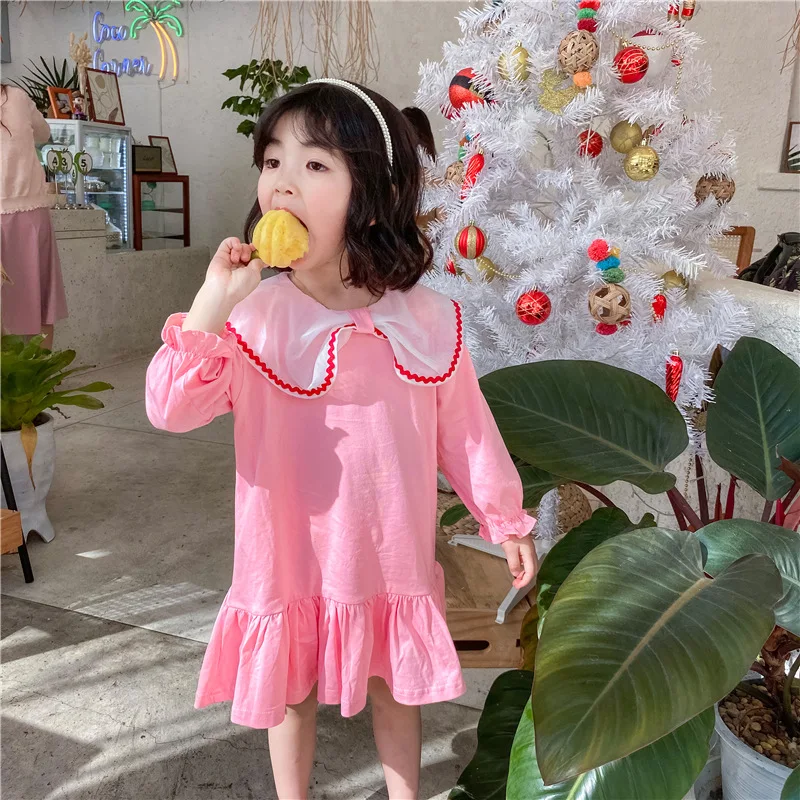 

CNUM Baby Girls Dress Pink Peter Pan Collar Kids Dresses Korean Boutiques Children Clothes Fashion for Toddler Dropshipping