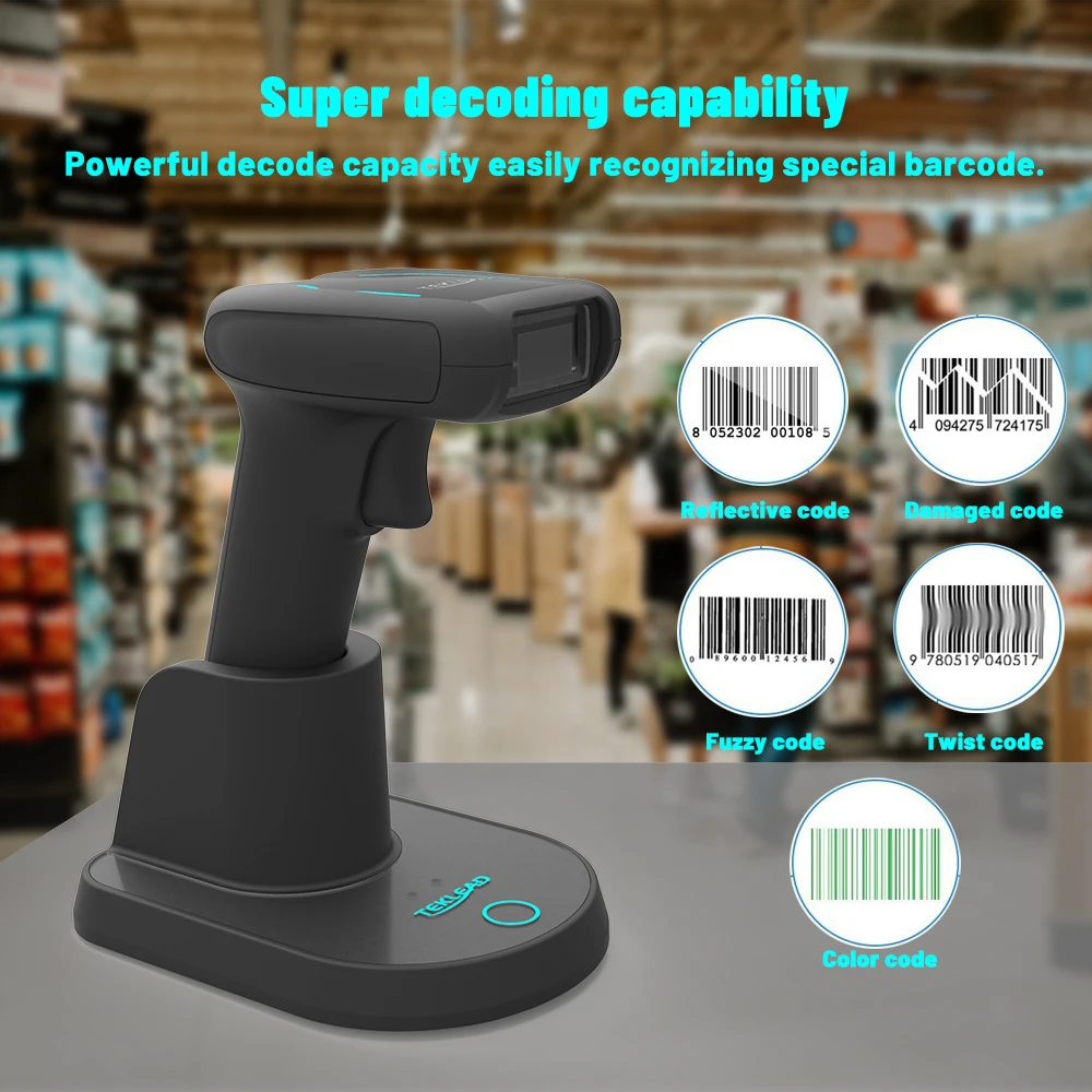 TEKLEAD 1D 2D Wired USB Bluetooth Wireless 2.4G Barcode Scanner with Charging Base High Resolution Bar Code Reader