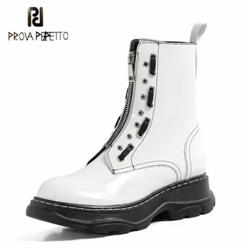 

Prova Perfetto Fashion Women Boots Zipper-Sid Round Toe Black White Plush Platform Boots Outdoors Leather Short Boats Feminina