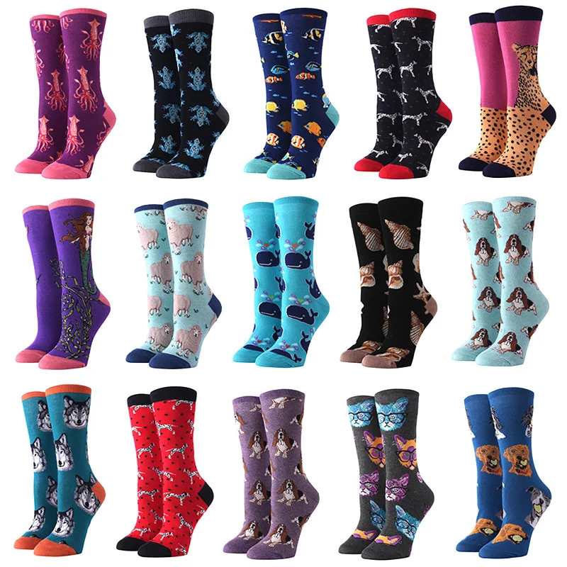 Женские хлопчатобумажные забавные носки с принтом и милые рисунками зверей из