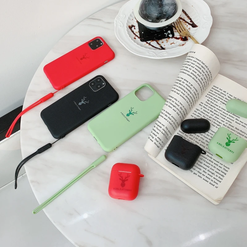 Color Deer Pattern Soft Liquid Silicone Case Cover With rope For Apple iPhone 6 6s 7 8 Plus X 10 11 Pro XR XS Max Airpods 1 2 |