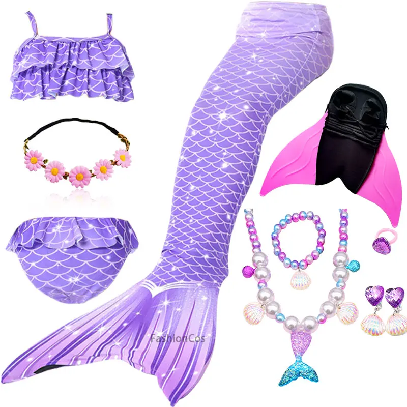 Swimming Mermaid Tail Kids Girls Halloween Costume Cosplay Children Swimsuit Fantasy Beach Bikini Can Add Monofin Fin Birthday halloween outfits Cosplay Costumes