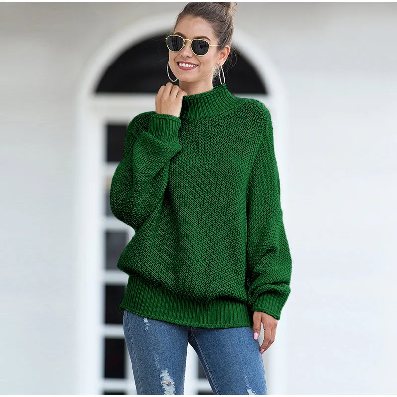 Женский толстый свитер с высоким воротом и рукавами летучая мышь, однотонный Повседневный вязаный пуловер для женщин, зимний модный свободный винтажный джемпер