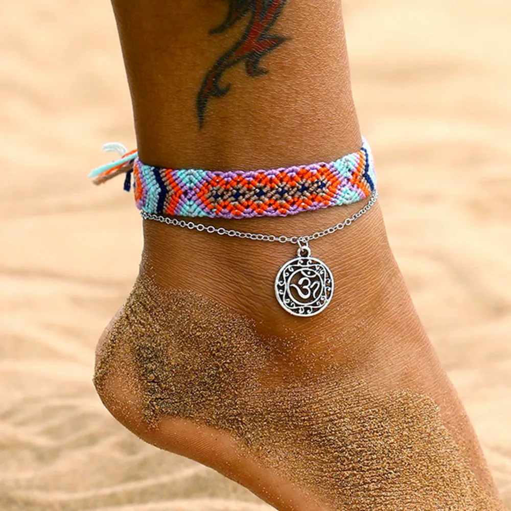Vintage OM Rune Wave Pendant Weave Anklets 2019 For Women Handmade Cotton Foot Jewelry Sandals Beach Ankle Bracelet on Leg New Vintage OM Rune Wave Pendant Weave Anklets 2019 For Women Handmade Cotton Foot Jewelry Sandals Beach Ankle Bracelet on Leg New