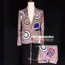 Мужская одежда для певицы, Блейзер, мужской деловой повседневный костюм, для ночного клуба, DJ, модный мужской костюм с логотипом планеты, сатиновый костюм для хоста, костюмы, костюмы